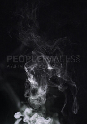 Buy stock photo Smoke, fog and air on dark background, pollution with vapor wave and cloud of gas in a studio. Texture, steam or spray with mystery, incense or mist, dry ice with special effects and moving smog