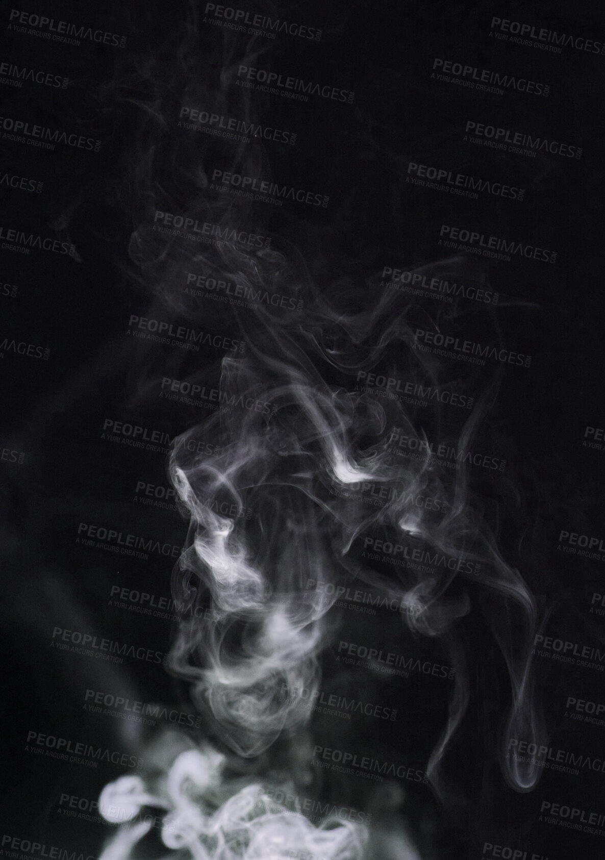 Buy stock photo Smoke, fog and air on dark background, pollution with vapor wave and cloud of gas in a studio. Texture, steam or spray with mystery, incense or mist, dry ice with special effects and moving smog