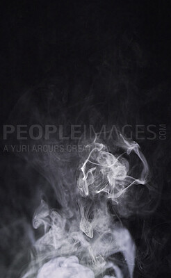 Buy stock photo Smoke, dark background and mist, fog or gas on mockup space wallpaper. Cloud, smog and magic effect on black backdrop of steam with abstract texture, dry ice pattern or vapor of incense moving in air