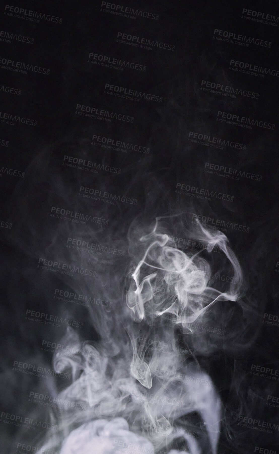 Buy stock photo Smoke, dark background and mist, fog or gas on mockup space wallpaper. Cloud, smog and magic effect on black backdrop of steam with abstract texture, dry ice pattern or vapor of incense moving in air