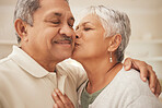 Selfie, kiss and senior couple in home with love, support and portrait of marriage in retirement together. Digital photography, face of happy man and old woman in apartment to post on social media.