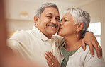 Selfie, kiss and old couple in home with love, support or portrait of marriage in retirement together. Digital photography, smile on face of happy man and old woman in apartment for social media post