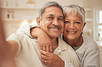 Selfie, smile and old couple in home with love, support and portrait of marriage in retirement together. Digital photography, face of happy man and senior woman in apartment to post on social media.