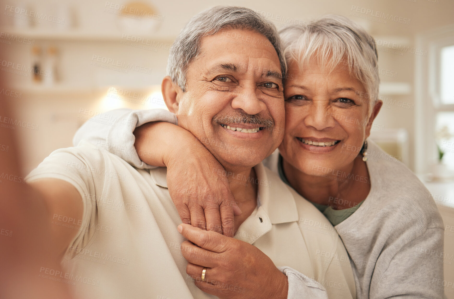 Buy stock photo Selfie, smile and old couple in home with love, support and portrait of marriage in retirement together. Digital photography, face of happy man and senior woman in apartment to post on social media.