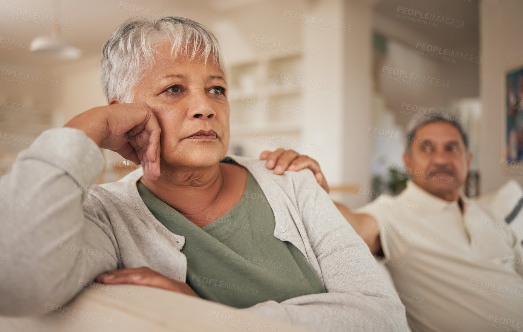 Buy stock photo Divorce, fight and senior couple in a living room with depression, angry or argue at home. Marriage, fail or old woman with menopause ignore man in a lounge with erectile dysfunction, liar or cheat