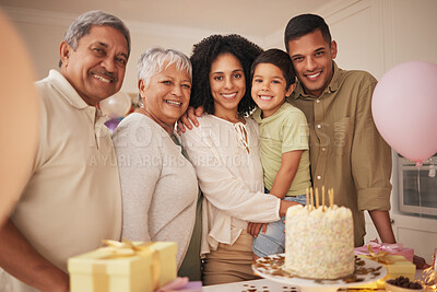 Birthday cake, child and family portrait with grandparents for celebration, party and parents, love and care. Happy interracial people, boy kid and balloon, present or gift and dessert for holiday