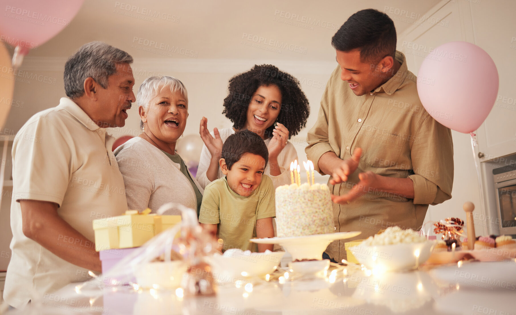 Buy stock photo happy birthday, big family and child with cake clapping hands or applause in home for event to celebrate together. Grandparents, happiness and kid excited for gathering, surprise and gift in a house