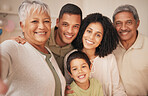 Family, selfie with grandparents and parents with kid, happiness for memory or social media post. People bonding at home, generations with love and trust, smile in profile picture and photography