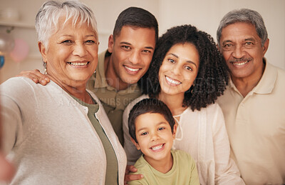 Buy stock photo Family, selfie with grandparents and parents with kid, happiness for memory or social media post. People bonding at home, generations with love and trust, smile in profile picture and photography