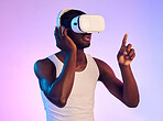 Virtual reality, headphones and black man press on screen, future technology and holographic on purple background. 3D, high tech and VR, metaverse and digital world in studio with cyber and audio