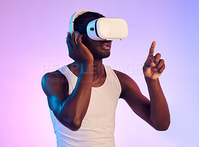 Buy stock photo Virtual reality, headphones and black man press on screen, future technology and holographic on purple background. 3D, high tech and VR, metaverse and digital world in studio with cyber and audio