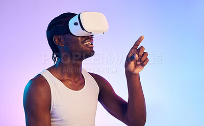 Buy stock photo Virtual reality, digital world and black man press on screen, future technology and holographic on gradient background. UX, 3D and high tech with VR, metaverse and scifi in studio with cyber space