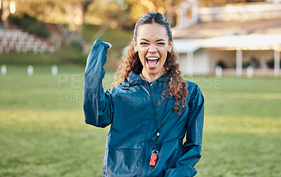 Buy stock photo Woman, sport celebration and winner portrait with excited coach on a field for game and workout. Training, yes and fitness performance success of person with winning and achievement from exercise
