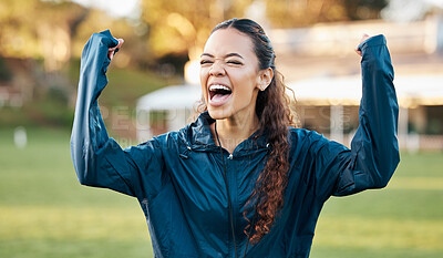 Buy stock photo Woman, celebration and winner with excited athlete on a field for sport, game and workout. Training, yes and fitness performance success of a female person with winning and achievement from exercise