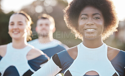 Buy stock photo Smile, fitness and a cheerleader group outdoor together for support, motivation or competition in summer. Face, health and wellness with a sports team at an event in a park or on a field of grass