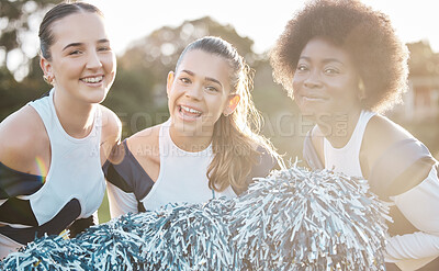 Buy stock photo Cheerleader, sports and portrait of women for performance, dance and motivation for game. Teamwork, dancer and happy people in costume cheer for support in match, competition and sport event outdoors