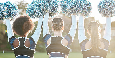 Buy stock photo Back of cheerleader, sports and women on field for performance, dance and motivation for game. Teamwork, dancer and people in costume cheering for support in match, competition and event outdoors