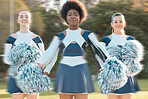 Cheerleader blur, sports and portrait of women for performance, dance and motivation for game. Teamwork, dancer and people in costume cheer for support in match, competition and field event outdoors