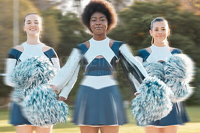 Buy stock photo Cheerleader blur, sports and portrait of women for performance, dance and motivation for game. Teamwork, dancer and people in costume cheer for support in match, competition and field event outdoors