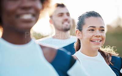 Buy stock photo Happy, group and people for fitness in nature for running, workout and sports together. Smile, thinking and diversity of friends in a park in the morning for teamwork in training, exercise or cardio