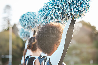 Buy stock photo Cheerleader team, sports and women dance on field for performance, motivation and support for game. Teamwork, dancer and people in costume cheer for match, competition and sporting event outdoors