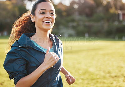 Buy stock photo Fitness field, smile and woman running for outdoor exercise, cardio workout or training for park marathon race. Sports warm up, nature freedom or morning runner doing athlete challenge on grass pitch