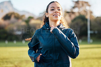 Buy stock photo Fitness field, wellness and woman running for outdoor exercise, cardio workout or training for marathon race. Sports warm up, nature sunshine and morning runner doing athlete challenge on grass pitch