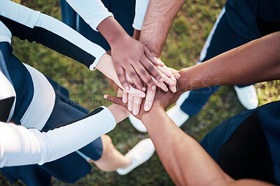 Buy stock photo Hands, together and people in sports huddle for support and solidarity in athlete team with top view. Fitness group outdoor, collaboration and trust, mission in partnership synergy and game plan