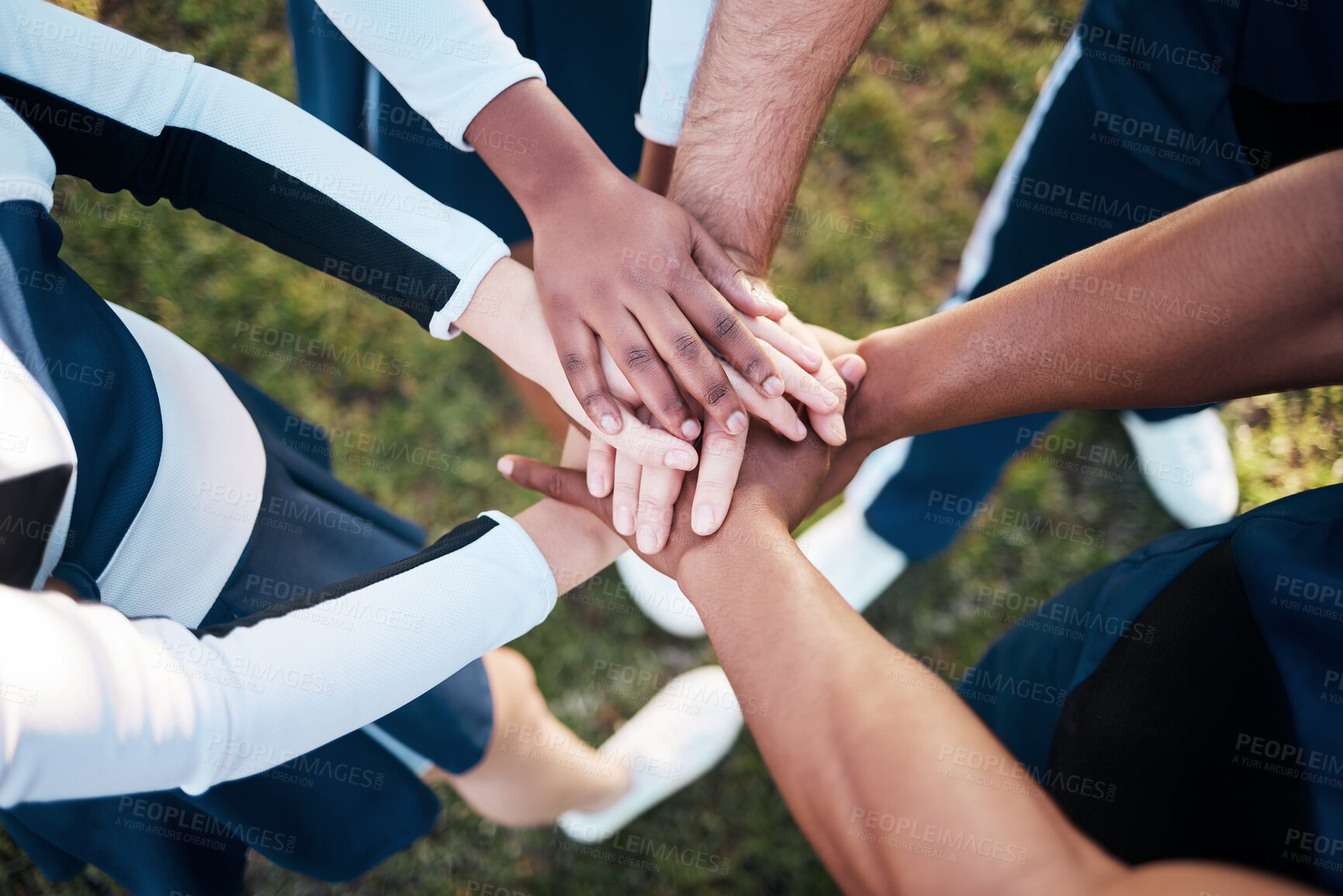 Buy stock photo Hands, together and people in sports huddle for support and solidarity in athlete team with top view. Fitness group outdoor, collaboration and trust, mission in partnership synergy and game plan