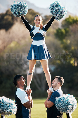 Buy stock photo Cheerleader, sports and men balance woman on field for performance, dance and game motivation. Teamwork, dancer and people in costume cheer for support in match, competition and event outdoors
