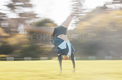 Buy stock photo Cheerleader routine, cartwheel and field person exercise, action and training for sports competition, dance or contest. Cheerleading, fast motion blur and dancer performance, practice or rehearsal
