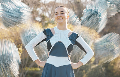 Cheerleader, sports and portrait of woman with blur for performance, dance and motivation for game. Teamwork, dancer and person in costume cheer for support in match, competition and event outdoors