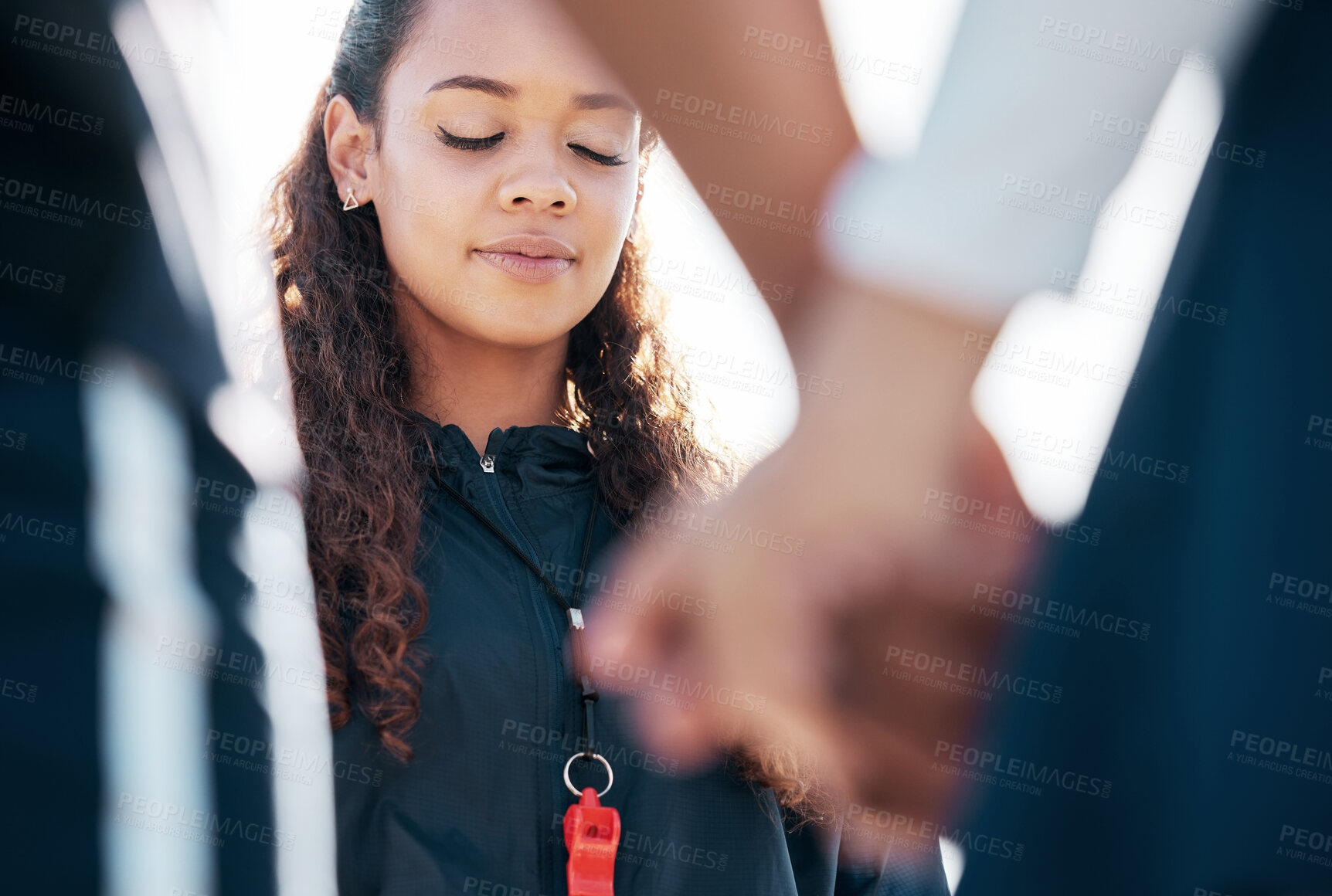 Buy stock photo Women team, start and holding hands for sports, faith and solidarity for games, contest and coach outdoor. Group, together and religion with prayer, connection and link for challenge at competition