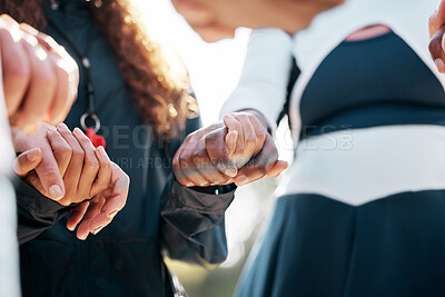 Buy stock photo Cheerleader support, people holding hands and group prayer circle, community and hope for sports competition solidarity. Cheerleading teamwork, worship and closeup dancer praying for performance