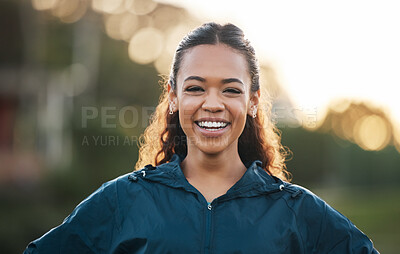 Buy stock photo Woman coach, sports and portrait in field, smile and excited for teaching, fitness and wellness in summer. Training mentor, happy and outdoor for exercise, workout or athlete development in sunshine