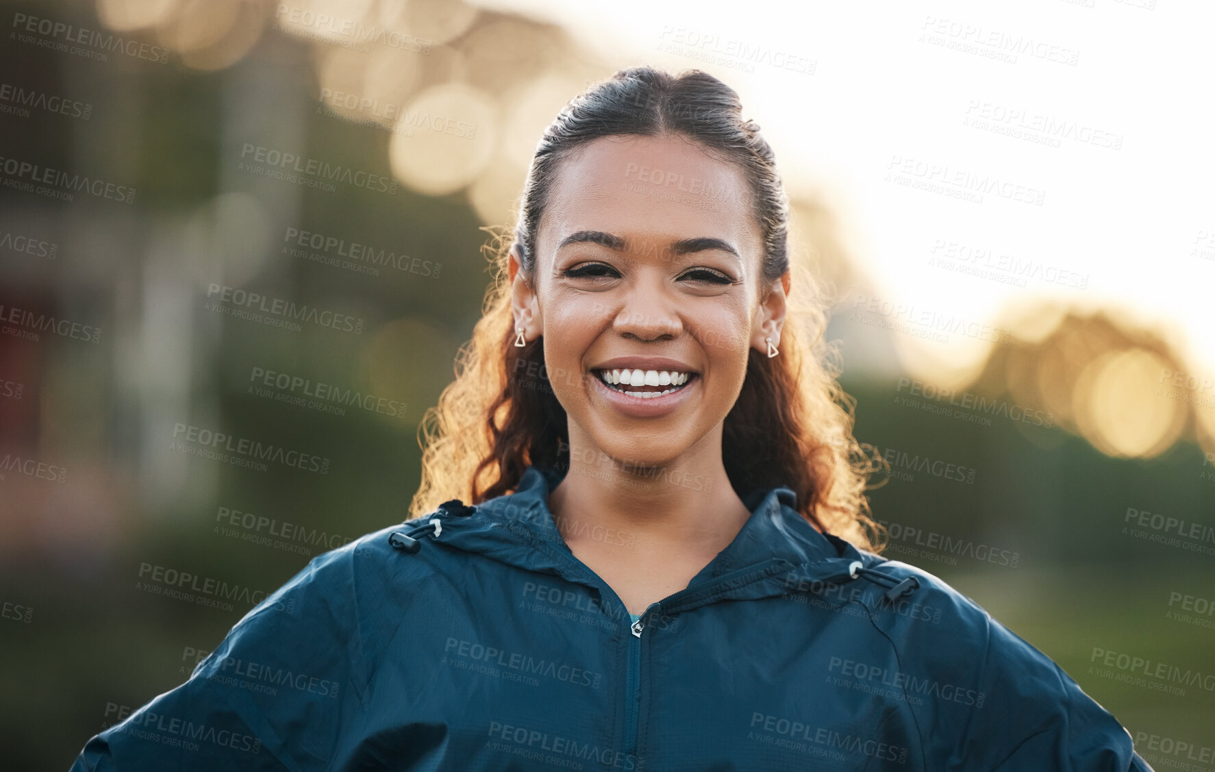 Buy stock photo Woman coach, sports and portrait in field, smile and excited for teaching, fitness and wellness in summer. Training mentor, happy and outdoor for exercise, workout or athlete development in sunshine