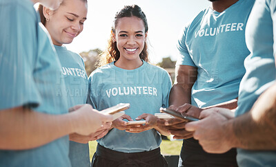 Buy stock photo Volunteer, group and portrait of woman with phone for blog, online chat and charity website update. Community service, teamwork and happy on smartphone outdoor for cleaning or recycle on social media