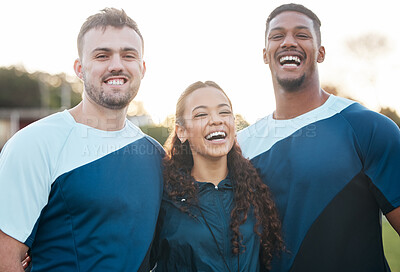 Buy stock photo Team, laughing and portrait with diversity, happy and smile from workout outdoor for training. Teamwork, wellness and healthy friends with young people and fitness community together on a field