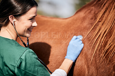 Vet, stethoscope and horse farm with wellness, healthcare and support with animal in countryside. Nurse, woman and helping with heart rate and monitoring outdoor with a smile and happy from nursing
