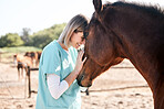 Vet, doctor and woman with care for horse for medical examination, research and health check. Healthcare, nurse and happy person on farm for inspection, wellness and veterinary treatment on ranch