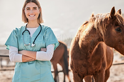 Horse doctor, portrait and woman with smile outdoor at farm for health, care or happy for love, animal or nature. Vet, nurse and equine healthcare expert in sunshine, countryside or help for wellness