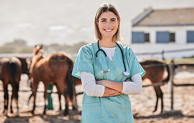 Happy horse vet, portrait and woman with arms crossed, care or smile for love, animal or nature at farm. Doctor, nurse and equine healthcare expert in sunshine, countryside and services for wellness