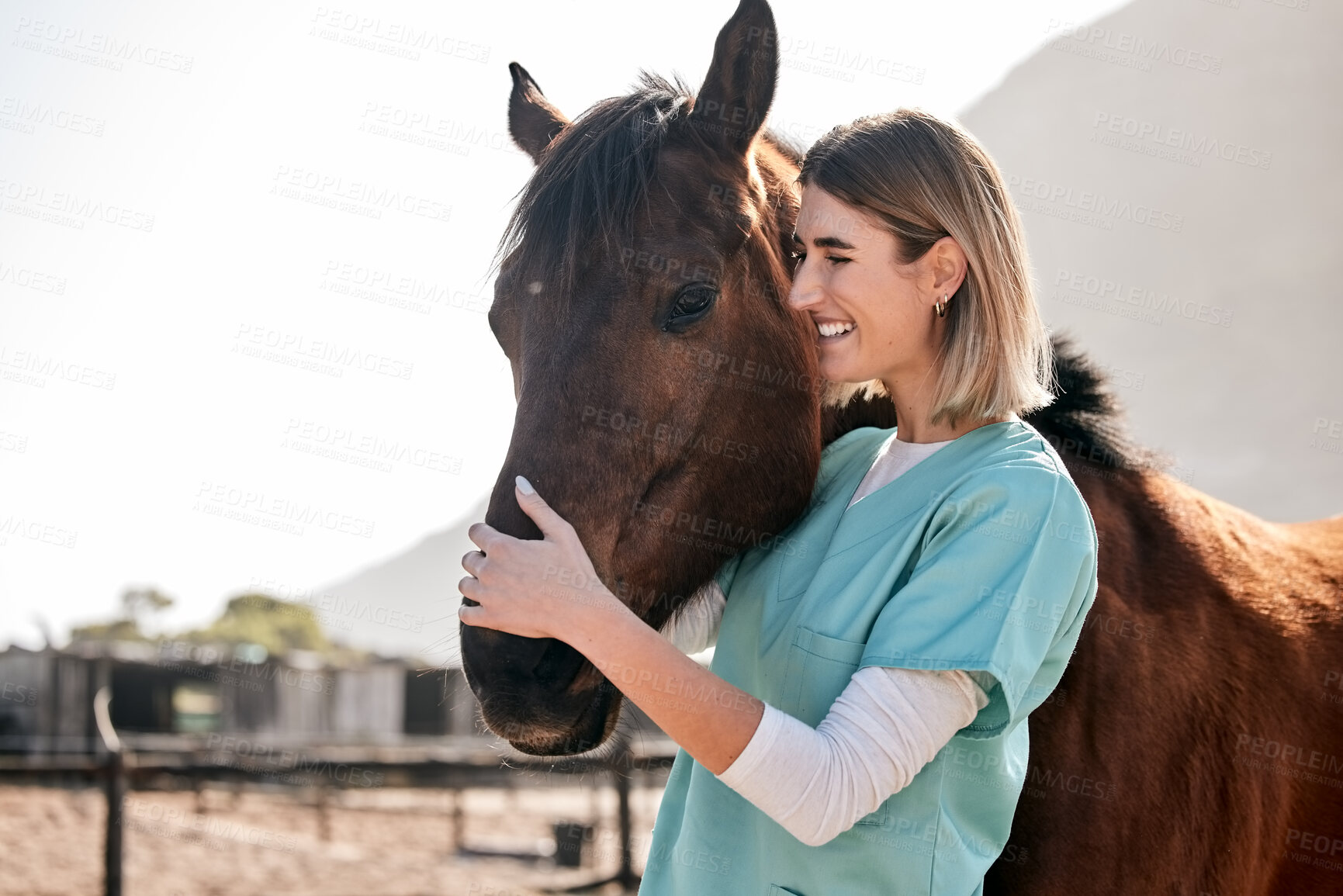 Buy stock photo Horse doctor, care and hug outdoor at farm for health, smile and happy with love for animal in nature. Vet, woman and equine healthcare expert in sunshine, countryside and helping for wellness