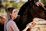 Horse, cleaning and woman with brush on ranch for animal care, farm pet and grooming in countryside. Farming, happy and person with stallion for brushing mane for wellness, healthy livestock and work