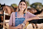 Horse, portrait and woman with brush on ranch for animal, farm pet and grooming in countryside. Farming, cleaning and person with stallion for brushing mane for wellness, healthy livestock and care