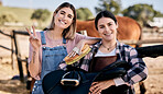 Horse, peace sign and portrait of women with saddle and brush for animal care, pet and happy on ranch. Farming friends, countryside and people with stallion for bonding, relax and adventure outdoors