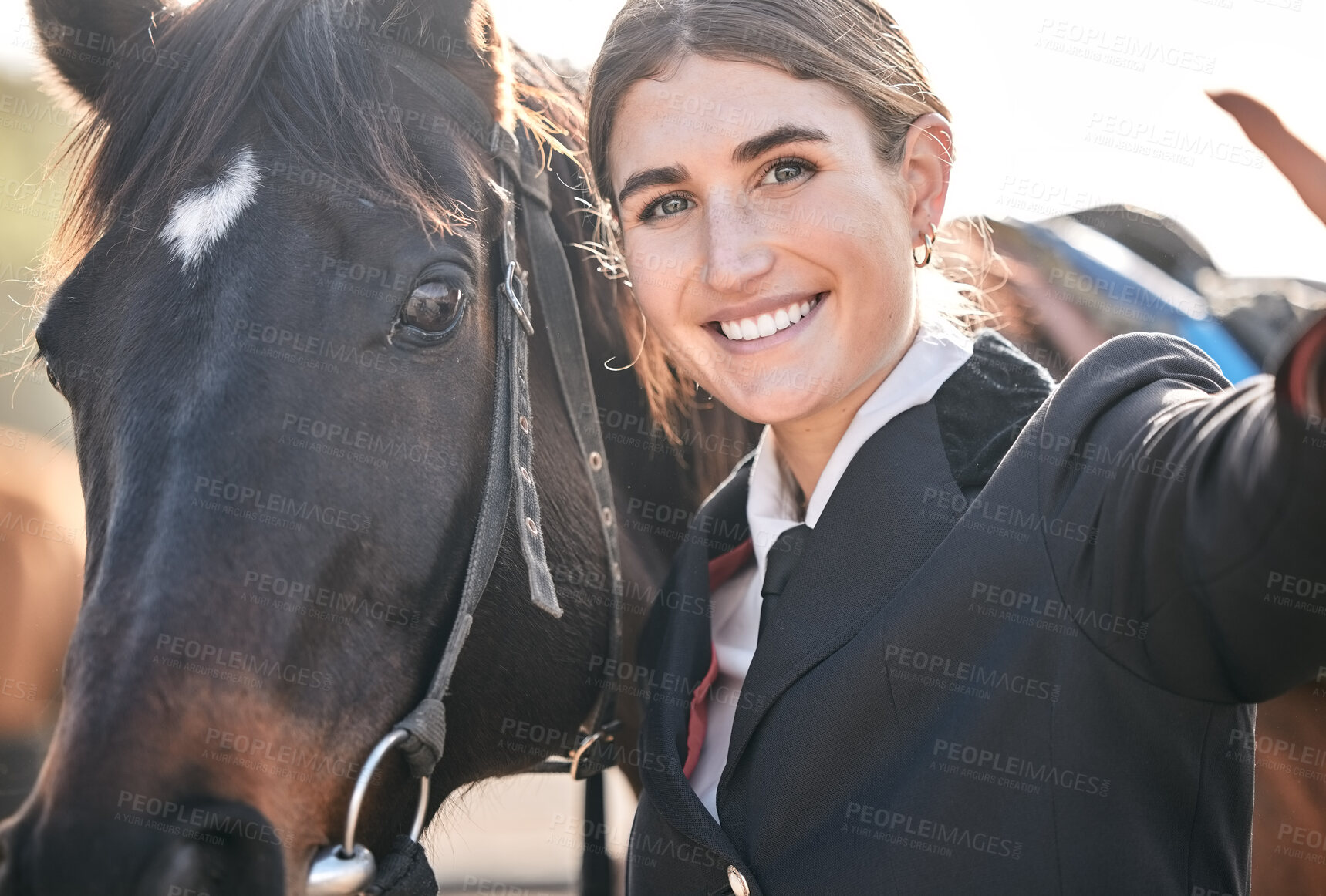 Buy stock photo Selfie, horse riding and a woman with her animal on a ranch for sports, training or a leisure hobby. Portrait, smile or equestrian and a happy young stable rider in uniform outdoor for competition