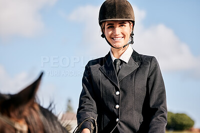 Buy stock photo Portrait, horse riding and a woman with an animal on a ranch for sports, training or a leisure hobby. Equestrian, smile or competition and a happy young rider in uniform with her stallion outdoor