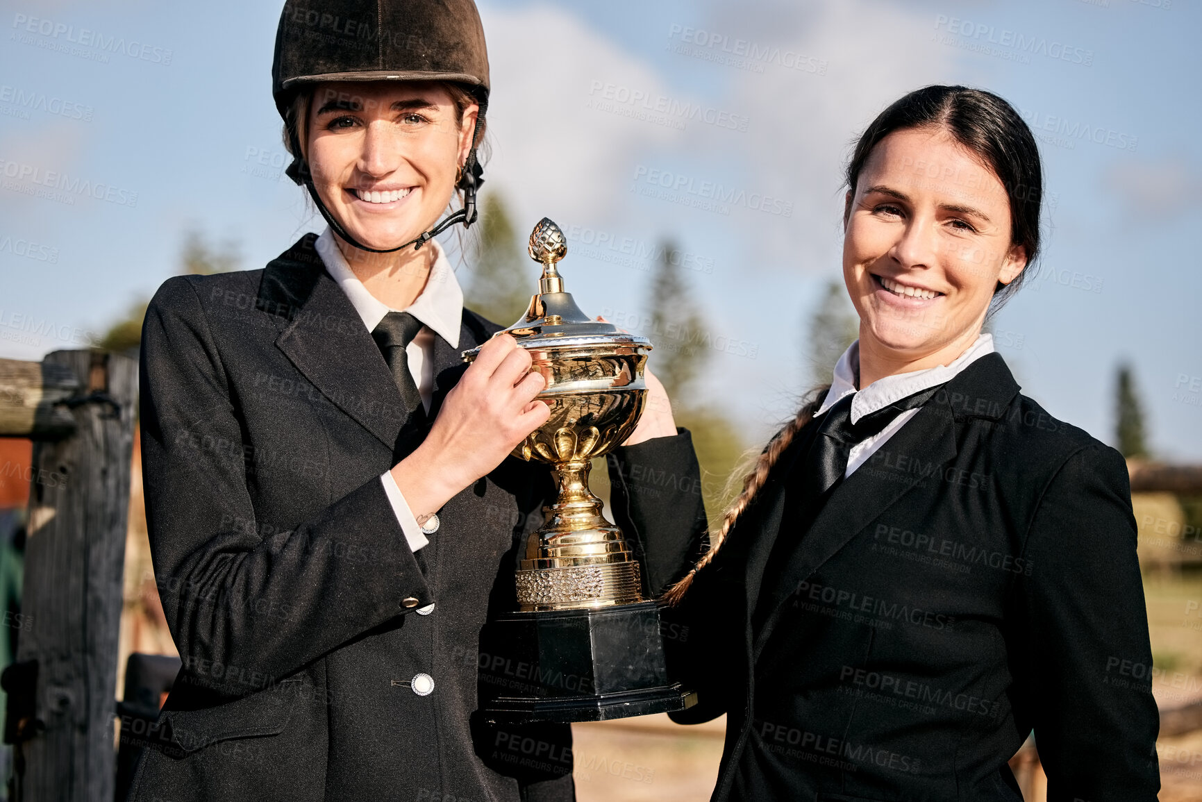 Buy stock photo Portrait, girls and champion for equestrian, competition and horse riding with trophy at ranch. Young, women and celebration in happiness of achievement, sports and activity with prize in success