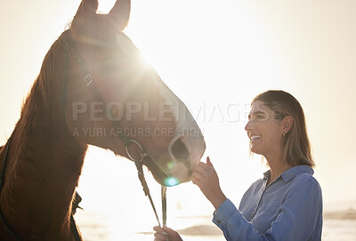 Woman, smile and horse in nature with lens flare for bonding and relax on farm, ranch or countryside. Animal, face and person feeling stallion for freedom, adventure or vacation in summer with care